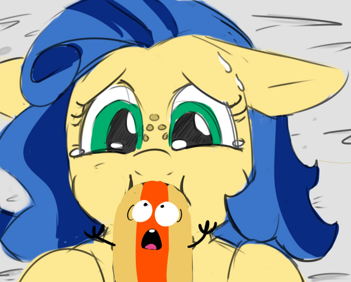 blue_hair bodily_fluids duo eating female food freckles fur green_eyes hair hot_dog one_tooth open_mouth sweat why wide_eyed strangerdanger hasbro my_little_pony fan_character milky_way_(flash_equestria) earth_pony equid equine horse mammal pony