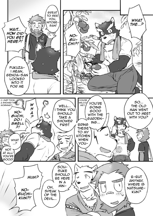 anthro clothing dialogue male text cotton_(artist) tooboe_bookmark nitobe noguchi sadasaka_usui stephen_mcguffin canid canine canis domestic_dog haplorhine mammal monkey primate comic english_text monochrome