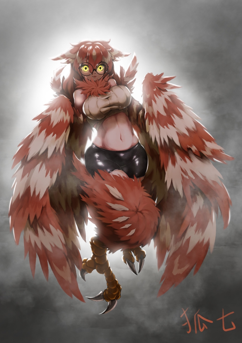 bare_shoulders big_breasts big_wings biped black_bottomwear black_clothing black_shorts bottomwear breasts cjk_character claws clothed clothing curvy_figure eyewear feathers feet female fluffy flying front_view fully_clothed glasses glistening glistening_clothing glistening_hair glowing glowing_eyes hair hourglass_figure light light_body light_skin long_hair looking_at_viewer midair midriff monster_girl_(genre) multicolored_body multicolored_feathers multicolored_hair navel neck_tuft realistic_wings red_body red_feathers red_hair shorts small_waist solo spandex spandex_shorts talons tan_clothing tan_topwear tight_bottomwear tight_clothing tight_shorts toes topwear tube_top tuft two_tone_body two_tone_feathers two_tone_hair white_body white_feathers white_hair wide_hips wings yellow_eyes huqi european_mythology greek_mythology monster_girl_encyclopedia mythology animal_humanoid avian avian_humanoid bird_humanoid harpy humanoid mythological_avian mythological_creature owl_humanoid lighting