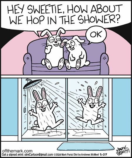 ambiguous_gender anthro bathing biped detailed_background dialogue duo fur furniture humor jumping pun shower shower_head showering sitting sofa text white_body white_fur mark_parisi off_the_mark lagomorph leporid mammal rabbit 2024 5:6 comic english_text url