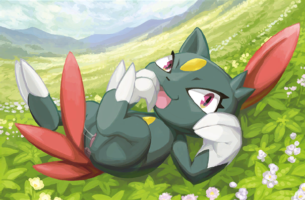 bodily_fluids claws female field flower genital_fluids genitals lube_string lying on_back plant presenting presenting_pussy pussy solo vaginal_fluids hajime_kusajima third-party_edit nintendo pokemon pokemon_tcg generation_2_pokemon pokemon_(species) sneasel