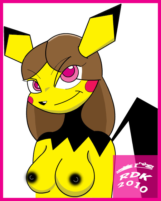 alternate_species anthro anthrofied biped black_nipples border breasts brown_hair female fur hair looking_at_viewer nipples nude pink_border pokemorph purple_eyes smile smirk solo yellow_body yellow_fur reddragonkan nintendo pokemon generation_2_pokemon pichu pokemon_(species) digital_media_(artwork)