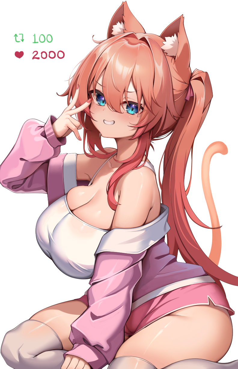 big_breasts blue_eyes blush breasts clothing female gesture hair hand_gesture kneeling legwear looking_at_viewer pink_clothing simple_background smile solo stockings tail v_sign white_background kaptivate nekomia animal_humanoid cat_humanoid felid felid_humanoid feline feline_humanoid humanoid mammal mammal_humanoid 2023 hi_res