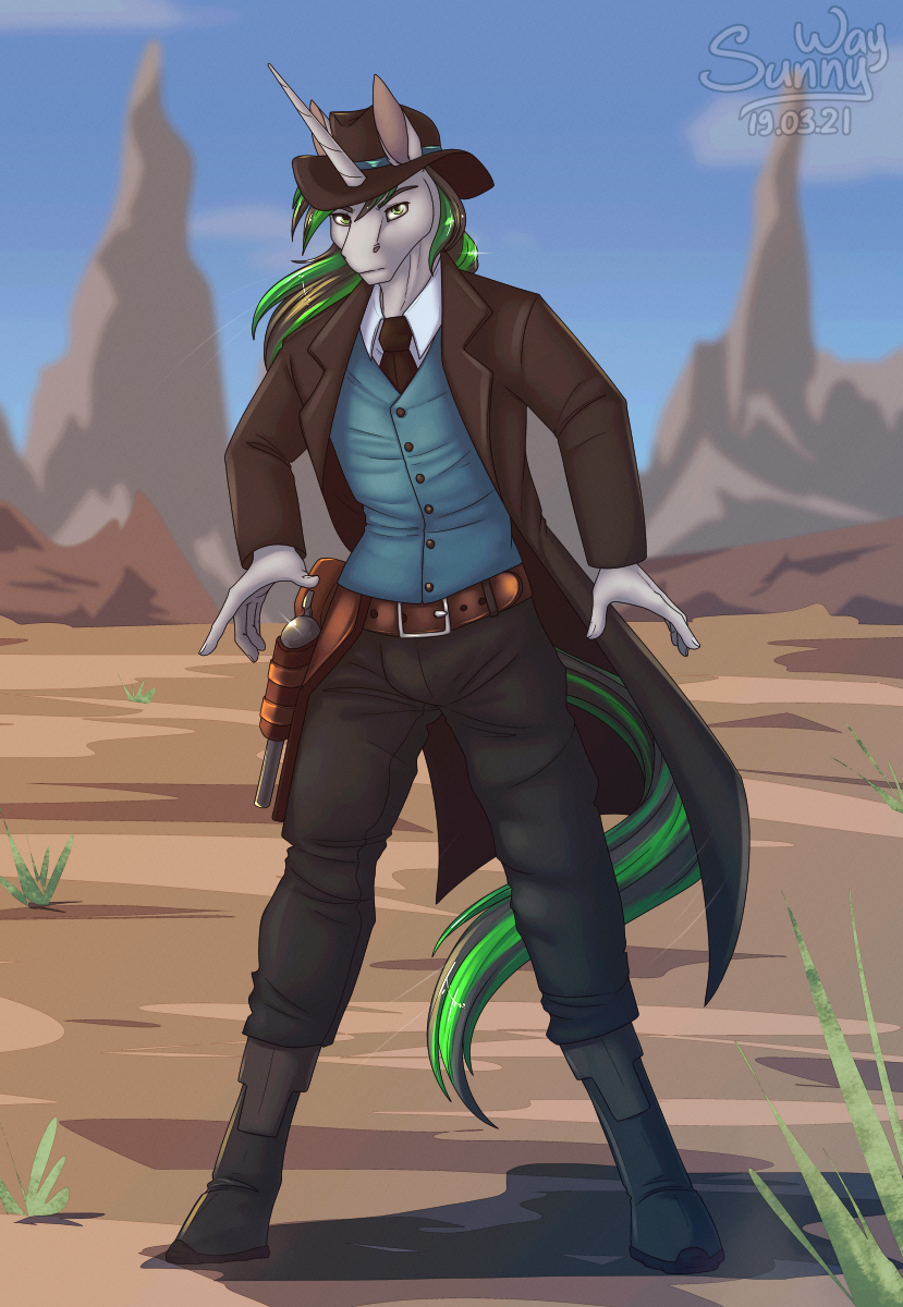 anthro boots clothing cowboy cowboy_boots cowboy_hat cowboy_outfit duel footwear gun gunslinger hat headgear headwear horn male ranged_weapon shoes solo weapon wild_west sunny_way friendship_is_magic hasbro my_little_pony mythology equid equine mammal mythological_creature mythological_equine unicorn 2021 digital_drawing_(artwork) digital_media_(artwork) hi_res