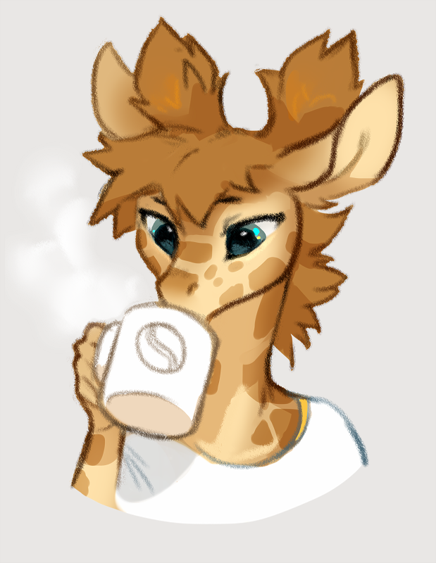 anthro blue_eyes brown_body brown_fur clothed clothing container cup drinking fur holding_container holding_cup holding_mug holding_object mug shirt solo tan_body tan_fur topwear white_clothing white_shirt white_topwear 2d10 giraffe giraffid mammal 2024 digital_media_(artwork)