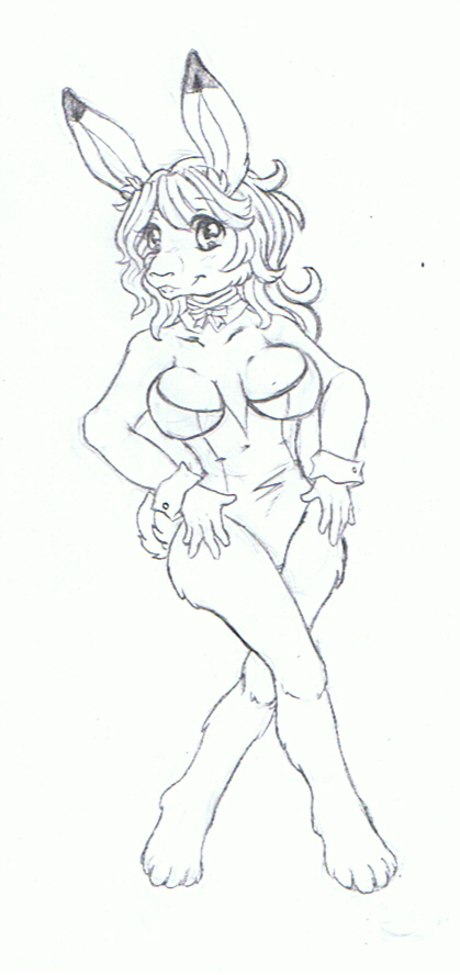 anthro breasts clothed clothing crossed_legs female fur hair hand_on_hip long_hair looking_at_viewer simple_background smile solo white_background wide_hips tigerlilylucky lagomorph mammal 2012 monochrome sketch traditional_media_(artwork)