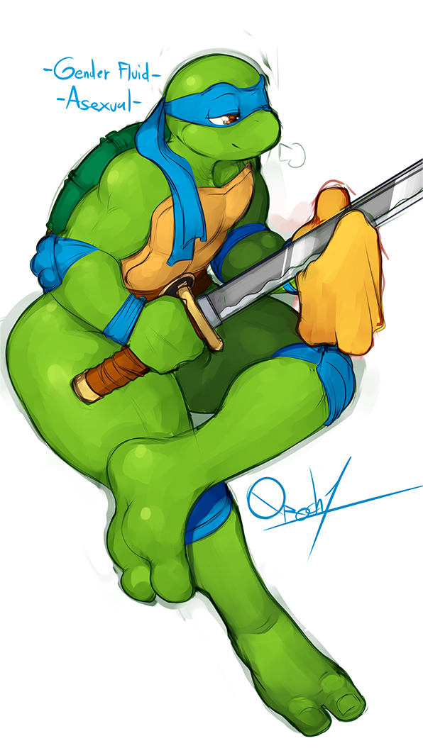 accessory anthro asian_sword brown_eyes elbow_pads green_body green_skin headband knee_pads male mask melee_weapon ninjato shell smile solo sword thick_thighs weapon 0r0ch1 teenage_mutant_ninja_turtles leonardo_(tmnt) reptile scalie turtle