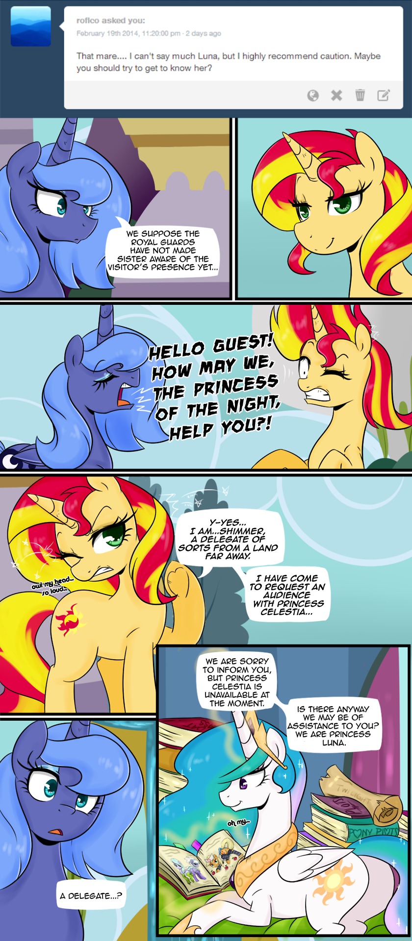 dialogue feathered_wings feathers female feral horn text wings loopend equestria_girls friendship_is_magic hasbro my_little_pony mythology princess_celestia_(mlp) princess_luna_(mlp) sunset_shimmer_(eg) equid equine mammal mythological_creature mythological_equine unicorn winged_unicorn 2014 comic english_text hi_res