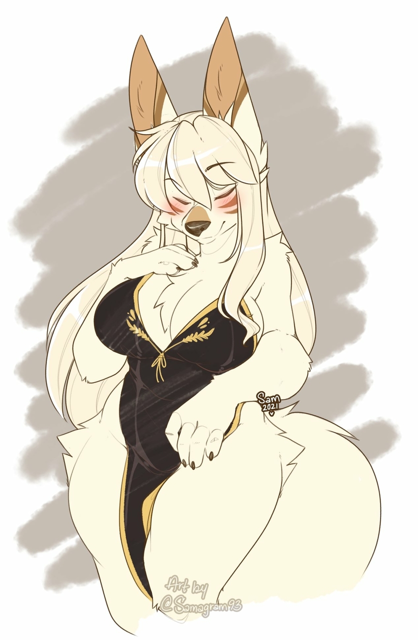 anthro big_breasts black_clothing breasts clothing eyes_closed female fur gift red_cheeks seductive smile solo thick_thighs white_body white_fur samagram93 aki_(teranen) anubian_jackal canid canine canis jackal mammal 2021 digital_media_(artwork) full-length_portrait hi_res portrait