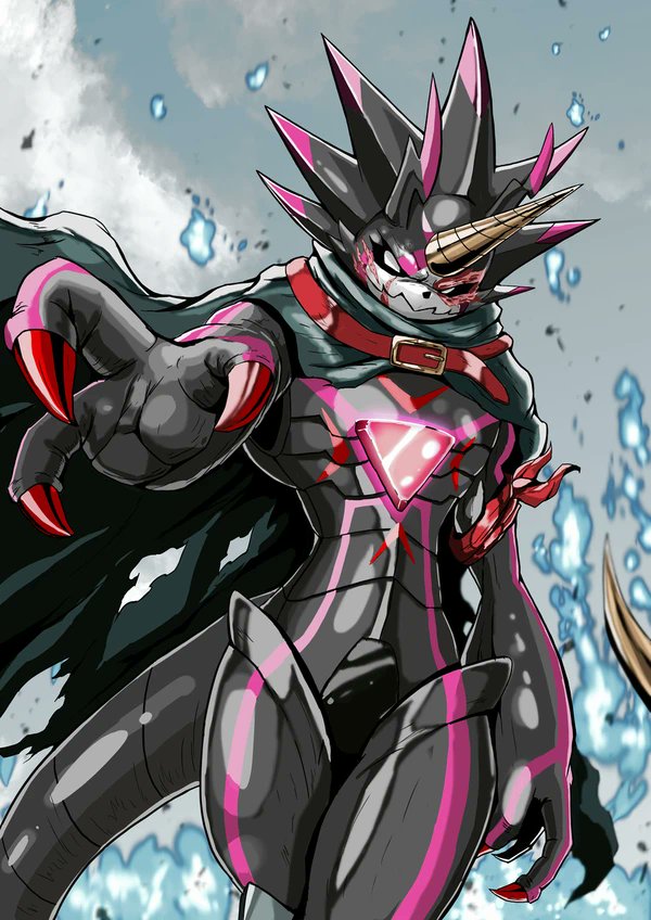 anthro black_body black_sclera codpiece facial_scar horn male scar small_waist solo rikudoudragon bandai_namco digimon digimon_ghost_game digimon_(species) gulusgammamon scalie