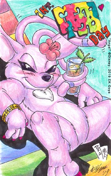 3_toes alcohol antennae_(anatomy) beverage blush bracelet chest_markings chest_tuft claws cocktail_garnish container cup eyelashes featureless_crotch feet female flower fur heart_symbol hibiscus holding_beverage holding_container holding_cup holding_object holding_with_antennae jewelry markings pink_body pink_claws pink_fur plant purple_eyes purple_nose reclining smile solo text toes tropical tuft white_body white_fur ek_goya disney lilo_and_stitch angel_(lilo_and_stitch) alien experiment_(lilo_and_stitch) 2019 english_text hawaiian_text signature traditional_media_(artwork) translated