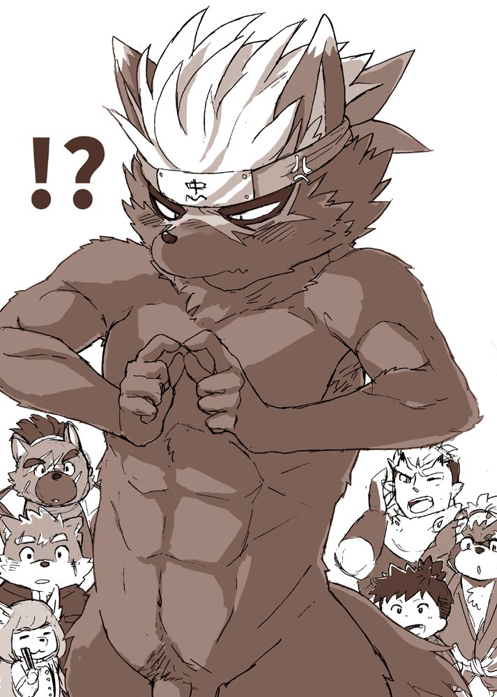 abs accessory black_body black_fur casual_nudity clothing flaccid fur genitals headband headgear headwear male ninja nude pecs penis public public_nudity small_penis text text_on_clothing text_on_headwear warrior hijirinoyuta lifewonders tokyo_afterschool_summoners goemon_(tas) moritaka_(tas) tadatomo_(tas) tanetomo_(tas) yasuyori_(tas) canid canine canis domestic_dog human mammal