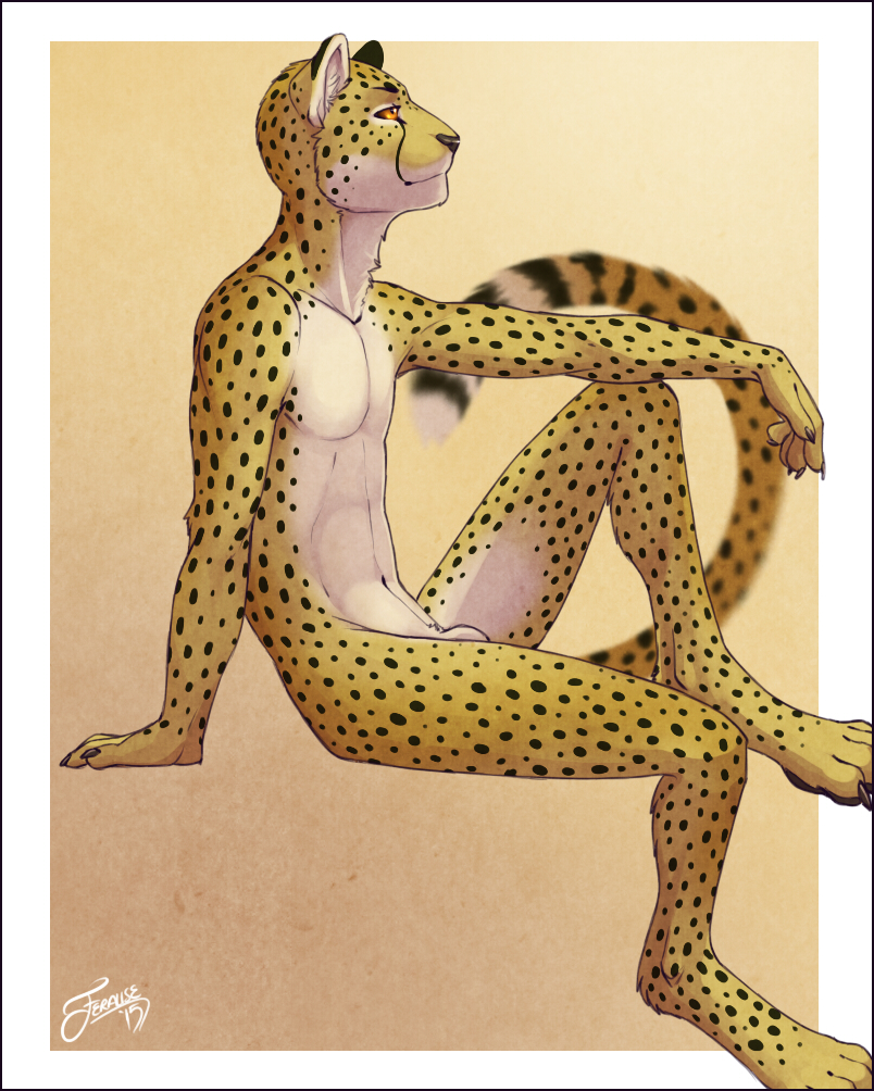 animal_genitalia anthro arm_support barely_visible_genitalia biped casual_nudity claws digitigrade fur genitals leaning male navel nude pawpads pose sheath side_view simple_background sitting slim solo spots toe_claws yellow_eyes feralise cheetah felid feline mammal 2015 portrait