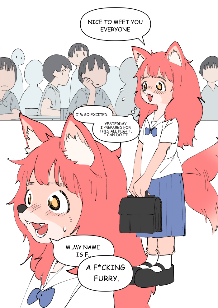 anthro asian_clothing censored_text classroom clothed clothing dialogue east_asian_clothing female fucking_furries fully_clothed greeting group hair holding_bag interrupted japanese_clothing japanese_school_uniform kemono male profanity red_hair school school_uniform serafuku standing tail tail_motion tailwag thought_bubble uniform young young_anthro young_female theterm fur_(theterm) canid canine fox human mammal comic