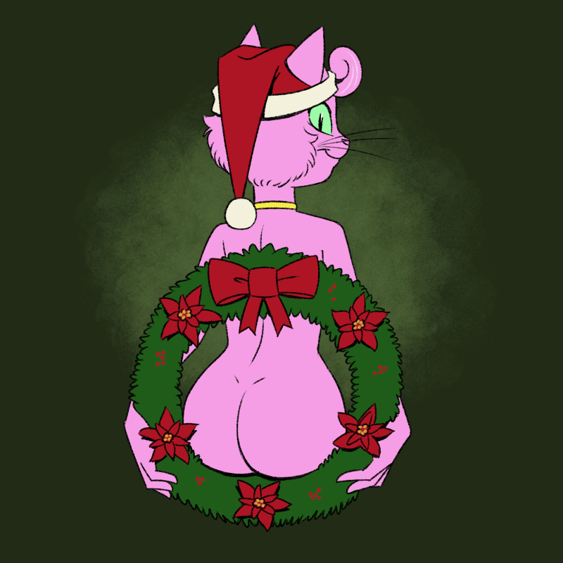 anthro biped butt butt_focus christmas_clothing christmas_headwear clothing female fur green_background green_eyes happy hat headgear headwear holidays humanoid_hands jewelry looking_back mostly_nude necklace pink_body pink_fur rear_view santa_hat simple_background sitting smile solo tailless whiskers wreath carelessdoodler bojack_horseman christmas netflix princess_carolyn domestic_cat felid feline felis mammal 1:1