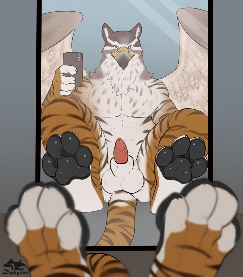 4_toes 5_fingers abs animal_genitalia animal_penis anthro balls beak big_feet big_muscles black_stripes blue_eyes broad_shoulders cellphone depth_of_field digitigrade dipstick_fingers electronics feathers feet feline_genitalia feline_penis fingers first_person_view foot_focus fur genitals grey_pawpads half-erect holding_cellphone holding_object holding_phone holding_smartphone inside lipsticking logo looking_at_mirror looking_at_object looking_at_viewer male mirror mirror_selfie mottled multicolored_beak multicolored_body multicolored_fur muscular muscular_anthro muscular_male neck_tuft nude orange_body orange_fur pawpads paws pecs penile_spines penis phone pink_penis presenting retractable_claws retracted_sheath selfie sheath sitting smartphone smile solo spots spread_legs spreading stripes tail tip toes tuft two_tone_beak white_body white_feathers white_fur wings zephyxus mythology streifi avian felid gryphon hybrid mammal mythological_avian mythological_creature pantherine tiger 2024 artist_logo artist_name flat_colors