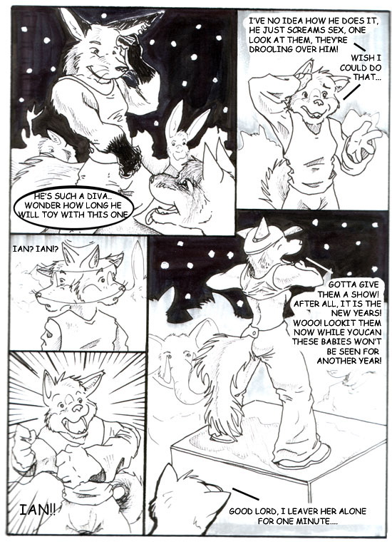 anthro confusion crowd dancing female flashing group male surprise tail text leomagna ian_(leomagna) canid canine canis domestic_dog fox husky mammal nordic_sled_dog spitz comic english_text greyscale marker_(artwork) monochrome pen_(artwork) traditional_media_(artwork)