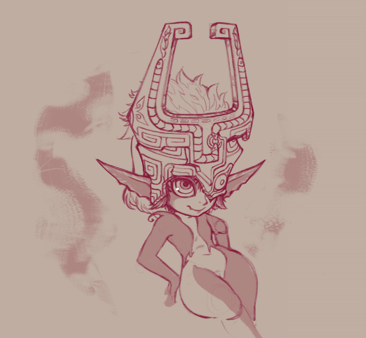 armor fangs female genitals hair headgear helmet looking_up navel not_furry pussy short_stack simple_background smile solo teeth wide_hips inkoart nintendo the_legend_of_zelda twilight_princess midna humanoid twili 2018 monochrome sketch