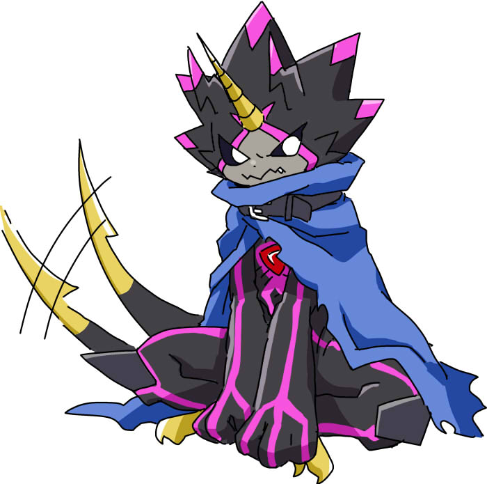 anthro belt black_body black_sclera blade cape claws clothing glowing glowing_eyes horn male solo tail tail_blade tail_motion tailwag weapon_tail zigzag_teeth shiki_digi bandai_namco digimon digimon_ghost_game digimon_(species) gulusgammamon scalie