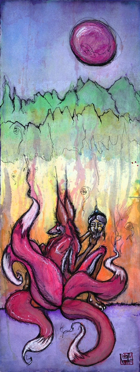 abstract_background ambiguous_gender anthro chakra fire fluffy fluffy_tail fur gradient_background green_eyes kitsunebi mask multi_tail red_body red_fur simple_background solo tail white_body white_fur sk4ndalous thatwhitefox asian_mythology east_asian_mythology japanese_mythology mythology canid canine fox fox_spirit mammal hi_res mixed_media painting_(artwork) pen_(artwork) traditional_media_(artwork) watercolor_(artwork)