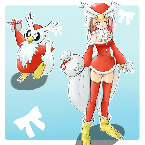 alternate_species bag clothing cosplay costume duo female gift hair humanized long_hair pink_hair pokemon_costume ranphafranboise nintendo pokemon avian bird delibird generation_2_pokemon human mammal pokemon_(species) 1:1 low_res