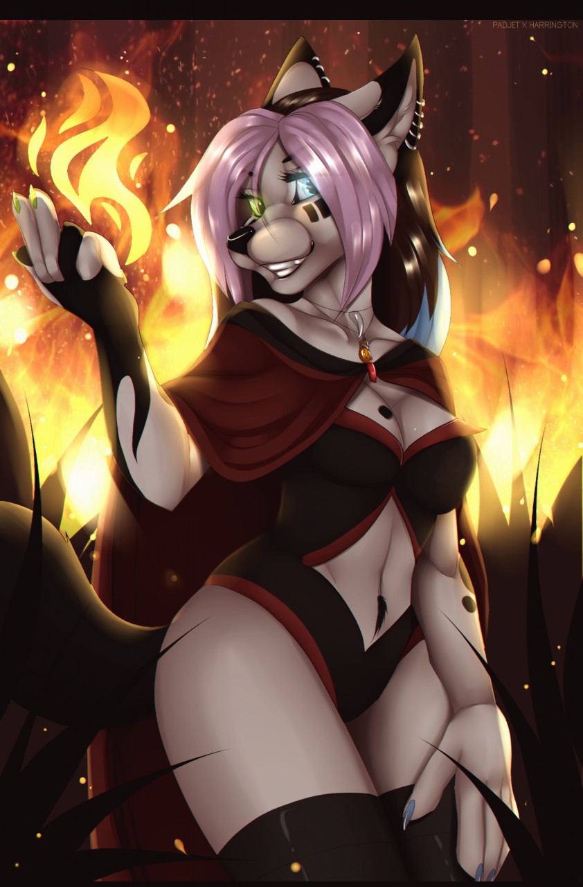 5_fingers anthro black_nose blue_eyes breasts clothed clothing detailed_background ear_piercing eyelashes female fingers fire green_eyes hair heterochromia navel piercing pink_hair smile solo wide_hips padjetxharrington gorsha_(character) canid canine canis mammal wolf 2017 digital_media_(artwork) hi_res