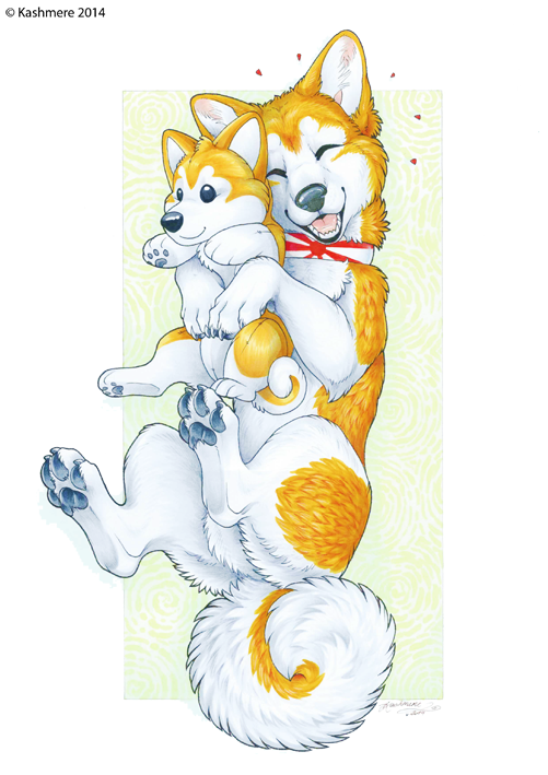 ambiguous_gender eyes_closed feral fluffy fluffy_tail hug open_mouth open_smile pawpads plushie smile solo tail kashmere akita akita_inu canid canine canis domestic_dog mammal spitz 2014 signature traditional_media_(artwork)