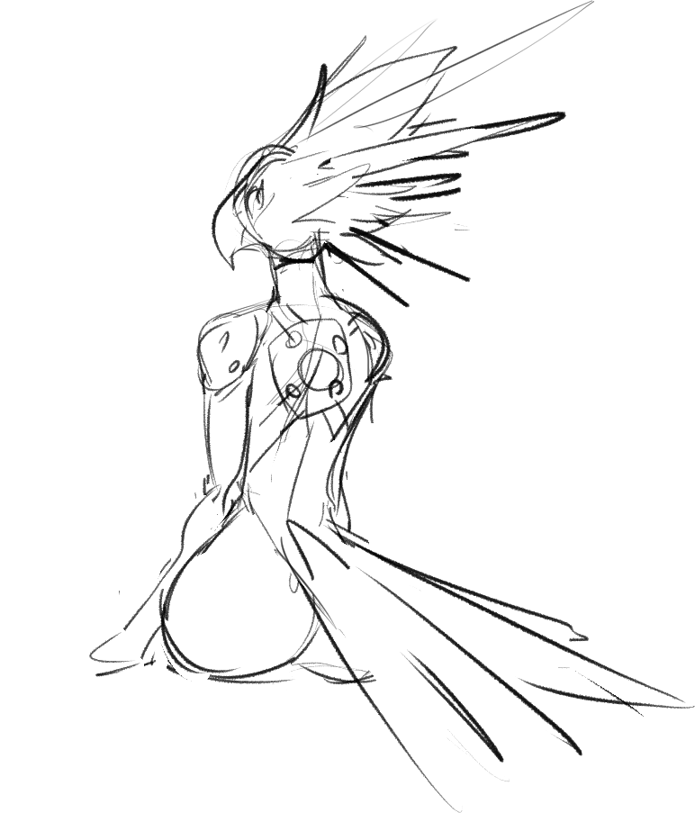 anthro beak butt clothing feathers female looking_at_viewer looking_back looking_back_at_viewer simple_background solo tail tail_feathers tight_clothing white_background zero_suit guoh metroid nintendo avian bird chozo 2021 digital_drawing_(artwork) digital_media_(artwork) monochrome sketch