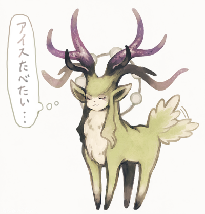 ambiguous_gender antlers aureola black_hooves black_horn black_inner_ear black_text ellipsis eyes_closed feral fur green_body green_ears green_fur green_hair green_tail hair hooves horn humanoid_face multicolored_antlers multicolored_horn pointy_ears prick_ears purple_horn simple_background solo tail tail_motion tailwag text thought_bubble unguligrade white_background white_thought_bubble amamidori scp_foundation scp-2845 deer deity mammal artist_name japanese_text low_res signature translated