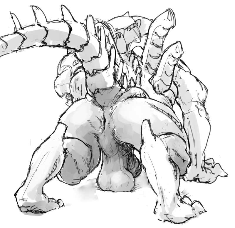 animal_genitalia anthro anus backsack balls balls_on_ground butt crossgender genitals looking_back male muscular muscular_male perineum presenting presenting_hindquarters raised_leg saggy_balls sheath solo tail thick_thighs gromdrawing alien_(franchise) alien xenomorph xenomorph_king xenomorph_queen monochrome