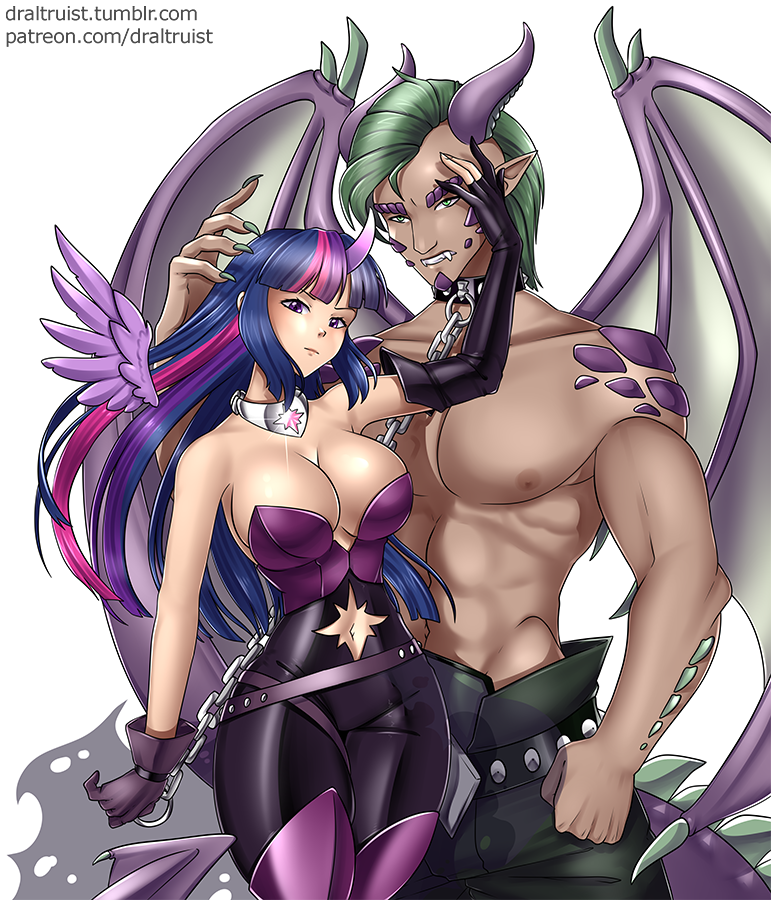 abs armwear big_breasts breasts chain cleavage clothed clothing collar duo elbow_gloves fangs female floating_wings gloves handwear horn jewelry leash male muscular necklace tail teeth text unusual_anatomy unusual_wings wings draltruist friendship_is_magic hasbro my_little_pony mythology spike_(mlp) twilight_sparkle_(mlp) animal_humanoid dragon dragon_humanoid equid equid_humanoid equine equine_humanoid horned_humanoid humanoid mammal mammal_humanoid mythological_creature mythological_equine mythological_scalie scalie winged_unicorn url