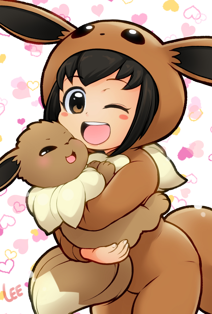 ambiguous_gender biped black_eyes black_hair blush blush_stickers brown_body brown_eyes brown_fur carrying_another clothed clothing cosplay costume daww dipstick_tail duo female feral fully_clothed fur hair heart_background heart_symbol hug kigurumi larger_human light_body light_skin markings monotone_hair multicolored_body multicolored_fur multicolored_tail neck_tuft one_eye_closed onesie open_mouth open_smile piggyfront short_hair simple_background size_difference smaller_feral smile standing tail tail_markings tan_body tan_fur tuft two_tone_body two_tone_fur wink young lee_(colt) nintendo pokemon poke_kid canid canine eevee generation_1_pokemon human mammal pokemon_(species)