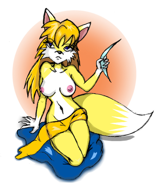 anthro biped black_nose blonde_hair blue_eyes boomerang breasts clothed clothing female fur hair kneeling long_hair looking_up nipples partially_clothed solo topless yellow_body yellow_fur reddragonkan khali canid canine fox mammal digital_drawing_(artwork) digital_media_(artwork)