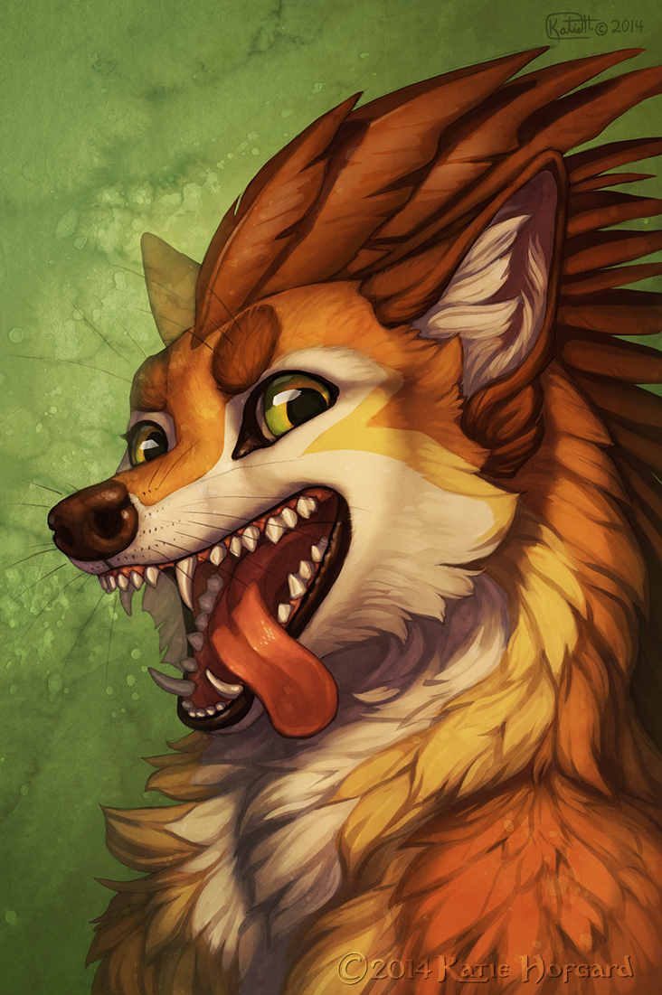 brown_body brown_feathers brown_nose feathers green_eyes looking_at_viewer open_mouth smile solo teeth tongue katie_hofgard nym_(katie_hofgard) alecani canid canine hybrid mammal 2014 digital_media_(artwork)