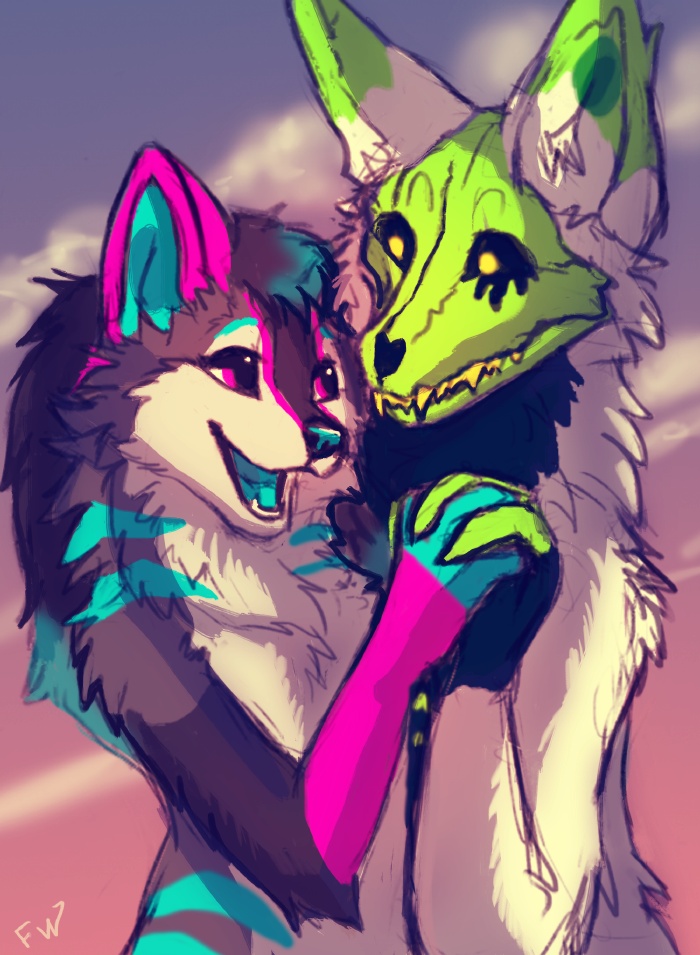 anthro blue_body blue_fur bone duo female fur hand_holding male male/female pink_body pink_fur romantic romantic_couple skull skull_head smile sunset flashw jaxxx yozora canid canine canis mammal skulldog_(species) wolf 2023 digital_drawing_(artwork) digital_media_(artwork)