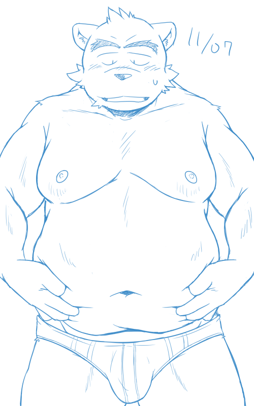 anthro belly blush bulge clothing kemono male moobs navel nipples overweight overweight_male simple_background solo underwear white_background oogamikennta canid canine canis domestic_dog mammal 2024 5:8 blue_and_white monochrome