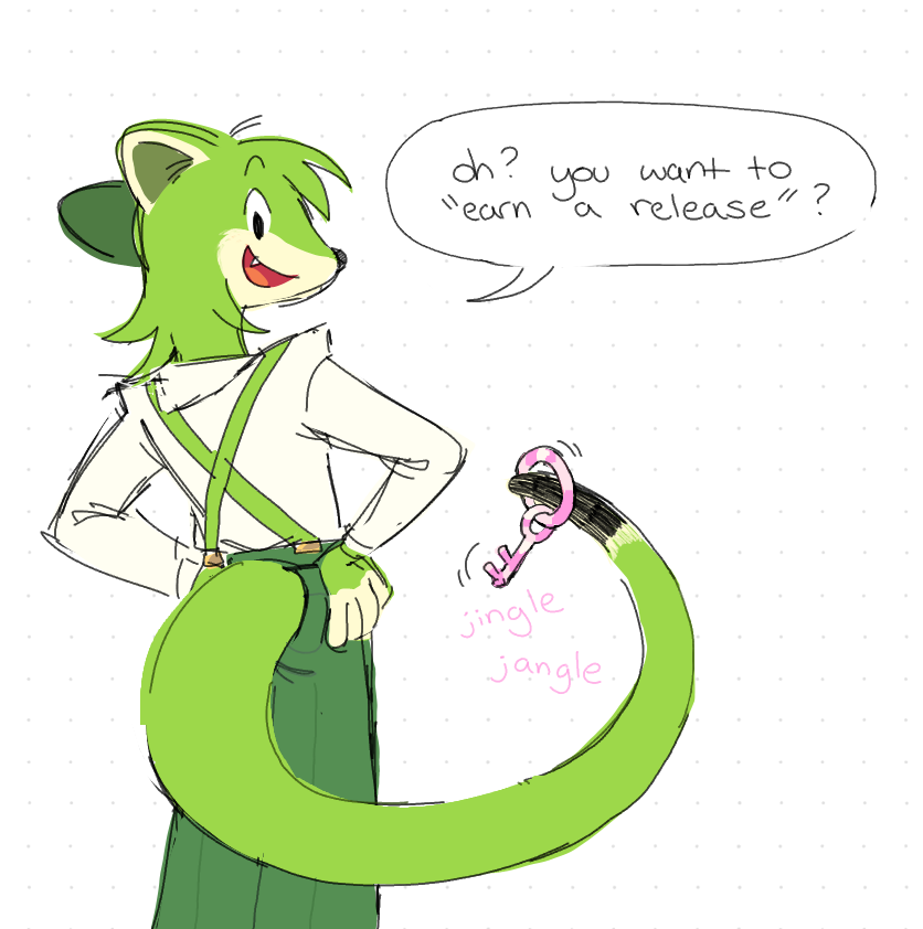 anthro bottomwear chastity_key clothed clothing dialogue dipstick_tail dress_shirt fangs fully_clothed gloves_(marking) green_body green_bottomwear green_clothing green_pants keyring long_snout long_tail markings open_mouth orange_tongue pants shirt simple_background snout solo speech_bubble suspenders tail tail_markings teeth tongue topwear kint haye_(kint) mammal mustelid musteline stoat true_musteline weasel colored nonbinary_(lore)