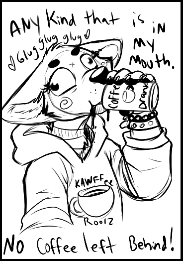 anthro beverage big_eyes black_border border clothed clothing coffee derp_eyes female food hoodie solo text topwear zeriara canid canine mammal english_text monochrome