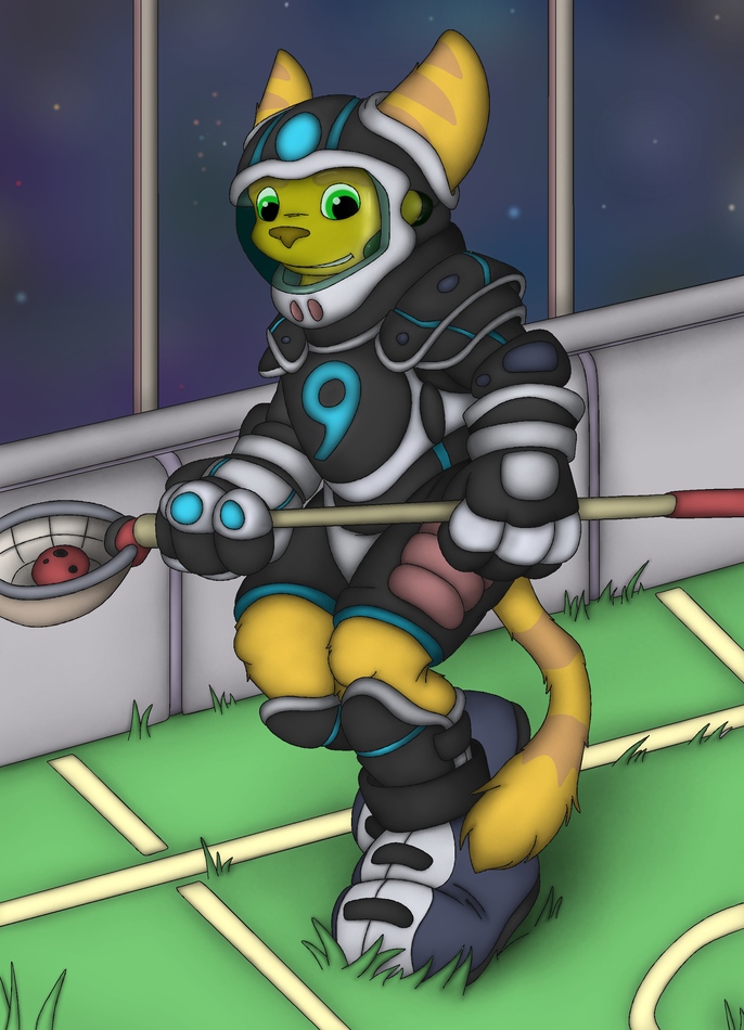 anthro armor boots clothing field footwear grass headgear helmet lacrosse male mostly_clothed nervous plant shin_pads shoes shoulder_pads smile solo space paddywoof_(artist) ratchet_and_clank sony_corporation sony_interactive_entertainment lombax mammal digital_media_(artwork)