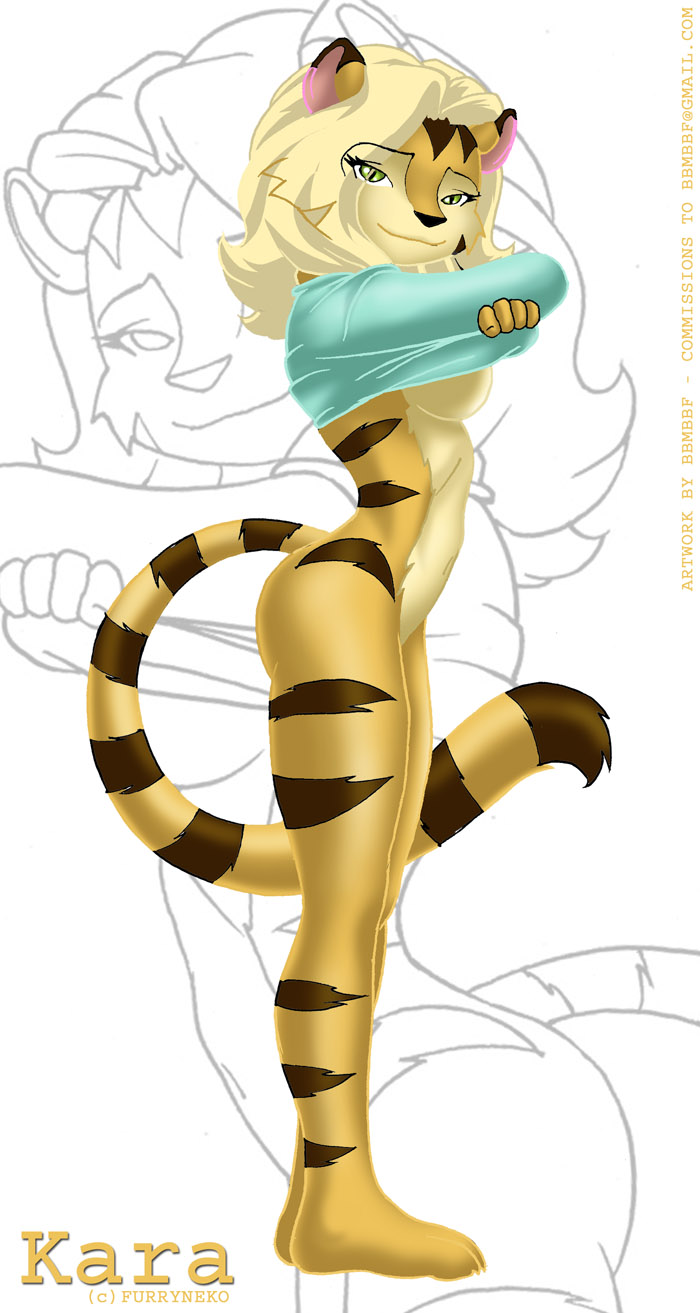 anthro biped bottomless breasts brown_nose clothed clothing copyright_symbol female fur hair shirt solo standing stripes symbol tail topwear under_boob undressing avoid_posting bbmbbf kara_(furryneko) felid mammal pantherine tiger digital_media_(artwork) hi_res