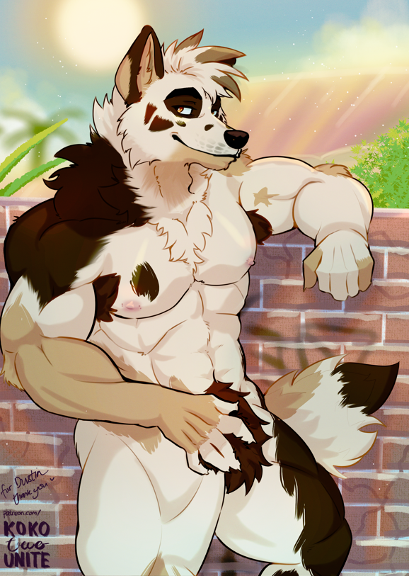 anthro areola armpit_hair armpit_tuft barazoku body_hair brown_body brown_eyes brown_fur brown_hair chest_tuft closed_hands crotch_tuft detailed_background fur hair hands_on_crotch leaning leaning_on_wall looking_at_viewer male multicolored_body multicolored_fur multicolored_hair multicolored_tail muscular muscular_anthro muscular_male muscular_thighs nipples nude obliques pink_nipples smile smiling_at_viewer suburb sun tail tail_tuft three_tone_ears three_tone_face tuft tufted_ears wall_(structure) white_body white_fur koko2unite canid canine canis domestic_dog mammal