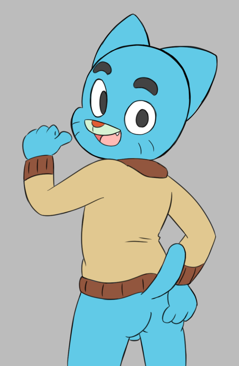 4_fingers anthro backsack balls blue_body blue_fur bottomless butt clothed clothing fingers fur genitals grey_background hand_on_butt looking_at_viewer looking_back male open_mouth simple_background solo sweater topwear young young_anthro boxtop cartoon_network the_amazing_world_of_gumball gumball_watterson domestic_cat felid feline felis mammal hi_res