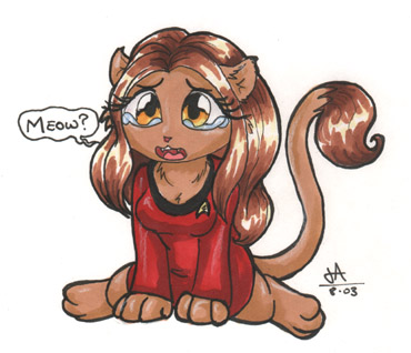 anthro bodily_fluids brown_body brown_fur brown_hair chibi clothing crying dialogue female fur hair long_hair simple_background solo tail tail_tuft tears text tuft uniform white_background yellow_eyes jennifer_l_anderson star_trek star_trek_the_animated_series m'ress alien caitian felid mammal 2003 english_text low_res