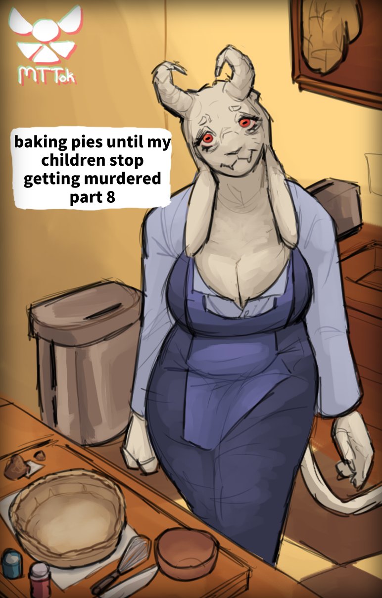 anthro apron breasts cleavage clothed clothing curved_horn dialogue dress eye_bags fangs female food fur horn kitchen long_ears orange_eyes pie_(food) smile solo tail teeth text white_body white_fur milkydraws8 undertale_(series) toriel boss_monster_(undertale) bovid caprine goat mammal english_text hi_res