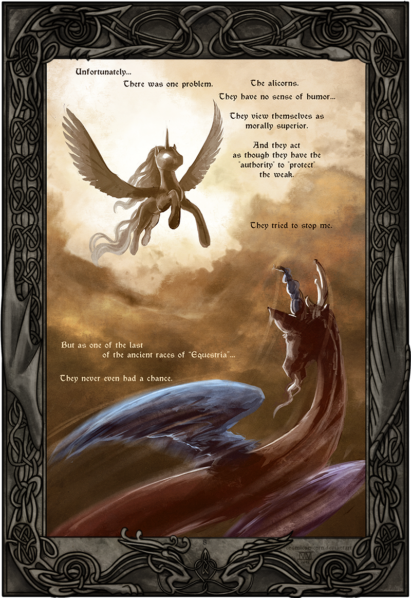 art_nouveau border cloud feathered_wings feathers feral glowing glowing_eyes horn male ornate_border quadruped tail text wings cosmicunicorn friendship_is_magic hasbro my_little_pony mythology discord_(mlp) chimera draconequus equid equine mammal mythological_creature mythological_equine winged_unicorn 2012 brown_theme comic english_text