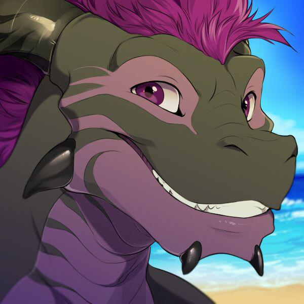 anthro beach black_body black_scales blue_sky day detailed_background front_view hair horn looking_at_viewer male multicolored_body multicolored_scales outside purple_body purple_eyes purple_hair purple_scales sand scales sea seaside sky smile solo teeth two_tone_body two_tone_scales water dagger_leonelli majime mythology barzillai dragon mythological_creature mythological_scalie scalie 1:1 2016 digital_media_(artwork) headshot_portrait icon portrait