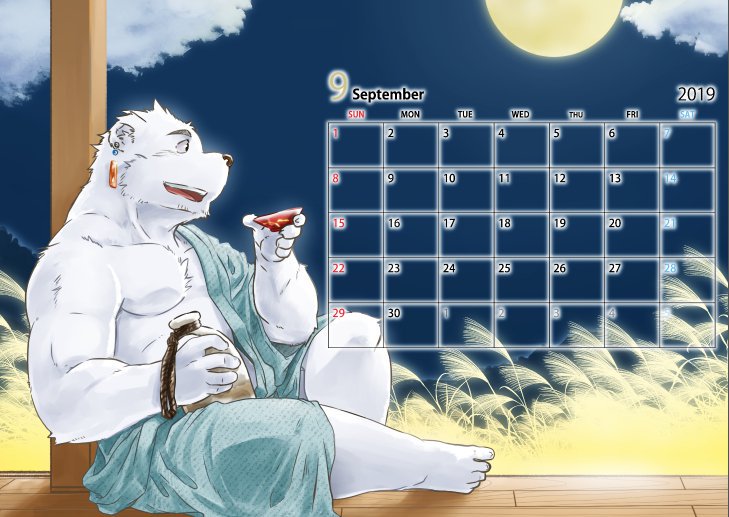 anthro belly biped calendar calendar_graphic clothing fur humanoid_hands male moobs moon night outside robe sitting slightly_chubby solo white_body white_fur inuryu bear mammal polar_bear ursine 2019