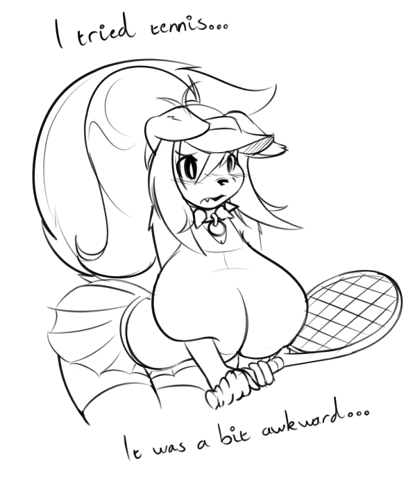 anthro big_breasts bottomwear breast_squish breasts clothed clothing collar fangs female fur hair huge_breasts long_hair shirt skirt solo sport squish teeth tennis tennis_racket text topwear visor wide_hips fyxe_(artist) fyxe canid canine fox mammal english_text monochrome