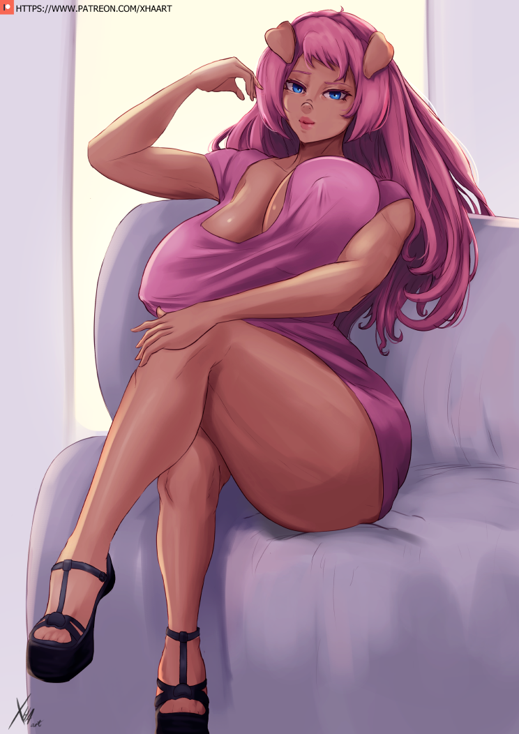 anthro arms_bent bent_legs big_breasts blue_eyes breasts clothed clothing crossed_legs erect_nipples female hair hand_on_knee hand_on_leg hand_on_own_knee hand_on_own_leg leg_over_knee long_hair looking_at_viewer nipples pink_hair pose purple_hair sitting solo xhaart domestic_pig mammal suid suine sus_(pig)