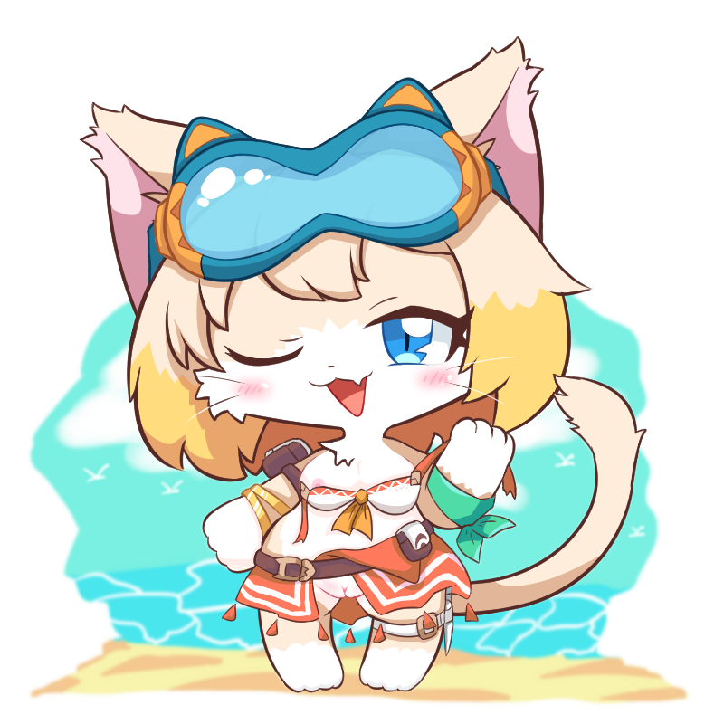 anthro barefoot beach blue_eyes blush breasts chibi clothing cloud day eyewear eyewear_on_head feet female genitals goggles goggles_on_head innuendo looking_at_viewer nipples one_eye_closed outside pussy solo swimwear tail water whiskers colanukl cat_busters cygames world_flipper mia_(world_flipper) domestic_cat felid feline felis mammal alpha_channel digital_media_(artwork)